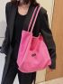 Neon Pink Letter Patch Decor Shopper Bag, Large Capacity Tote Bag For Work And Travel