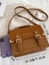 Letter Graphic Buckle Decor Flap Faux Suede Square Bag