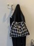 Plaid Pattern Shoulder Tote Bag Patch & Drawstring Detail