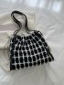 Plaid Pattern Shoulder Tote Bag Patch & Drawstring Detail