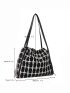 Plaid Pattern Shoulder Tote Bag Patch & Drawstring Detail