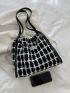 Plaid Pattern Shoulder Tote Bag Patch & Drawstring Detail