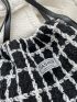 Plaid Pattern Shoulder Tote Bag Patch & Drawstring Detail