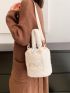 Mini Letter Embroidered Drawstring Design Flannelette Bucket Bag