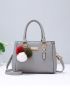 Trendy Double Handle Satchel Bag, Pompom & Metal Decor Purse, Women's PU Crossbody Bag, Mothers Day Gift For Mom