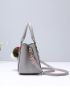 Trendy Double Handle Satchel Bag, Pompom & Metal Decor Purse, Women's PU Crossbody Bag, Mothers Day Gift For Mom