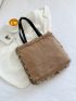 Bow Decor Cable Textured Flannelette Shoulder Tote Bag