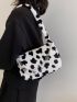 Cow Pattern Butterfly & Chain Decor Fuzzy Baguette Bag