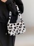 Cow Pattern Butterfly & Chain Decor Fuzzy Baguette Bag