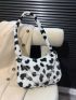 Cow Pattern Butterfly & Chain Decor Fuzzy Baguette Bag