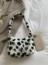 Cow Pattern Butterfly & Chain Decor Fuzzy Baguette Bag