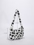 Cow Pattern Butterfly & Chain Decor Fuzzy Baguette Bag