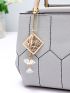 Geo Embroidery Detail Handbag, Women's PU Crossbody Bag, Small Top Handle Purse With Bag Charm, Mothers Day Gift For Mom