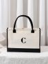 Letter Detail Tote Bag, Women's Simple Canvas Handbag Large Versatile Shopping Bag