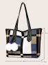 Plaid Pattern Pom Pom Decor Shoulder Tote Bag