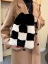 Checkered Pattern Fuzzy Satchel Bag