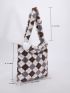 Argyle Pattern Pom Pom Decor Fuzzy Shoulder Tote Bag