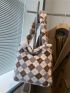 Argyle Pattern Pom Pom Decor Fuzzy Shoulder Tote Bag