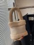 Fuzzy Trim Litchi Embossed Bucket Bag