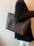 Geometric Pattern Studded Decor Contrast Binding Shoulder Tote Bag Women's Vintage Pattern Tote Bag, Large Capacity Shoulder Bag, Stylish Bag For Work, Large Capacity Tote Bag For Work And Travel