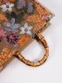 Medium Straw Bag Sequin Decor Random Floral Pattern