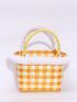 Mini Plaid Pattern Fuzzy Trim Straw Bag