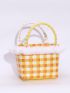 Mini Plaid Pattern Fuzzy Trim Straw Bag