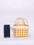 Mini Plaid Pattern Fuzzy Trim Straw Bag