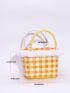 Mini Plaid Pattern Fuzzy Trim Straw Bag