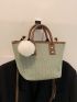 Contrast Binding Studded Decor Satchel Bag With Pompom Bag Charm