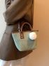 Contrast Binding Studded Decor Satchel Bag With Pompom Bag Charm