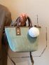 Contrast Binding Studded Decor Satchel Bag With Pompom Bag Charm