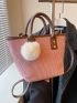 Contrast Binding Studded Decor Satchel Bag With Pompom Bag Charm