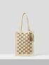 VCAY Checkered Pattern Tassel Decor Straw Bag