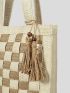 VCAY Checkered Pattern Tassel Decor Straw Bag