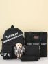 4pcs Gingham & Letter Graphic Cartoon Bear Decor Functional Backpack Set