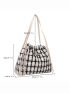 Plaid Pattern Letter Patch Drawstring Design Shopper Bag