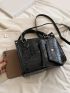 Crocodile Embossed Double Handle Square Bag With Coin Purse