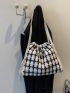 Plaid Pattern Letter Patch Drawstring Design Shopper Bag