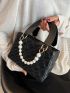 Faux Pearl Decor Argyle Quilted Square Bag