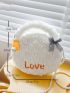 Letter Embroidered Bow Decor Faux Pearl Beaded Fuzzy Novelty Bag
