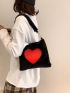 Heart Pattern Fuzzy Hobo Bag