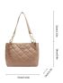 Quilted Detail Letter Decor Shoulder Tote Bag