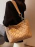 Quilted Detail Letter Decor Shoulder Tote Bag