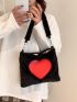 Heart Pattern Fuzzy Hobo Bag