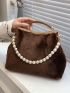Faux Pearl Decor Fuzzy Chain Satchel Bag
