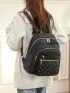 Argyle Quilted Zipper Backpack Purse, Large Capacity Studded Decor Bookbag, Casual Laptop Bag