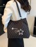 Letter Embroidered Quilted Flower Decor Shoulder Tote Bag