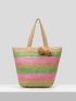 VCAY Color Block Pom Pom Decor Straw Bag