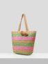 VCAY Color Block Pom Pom Decor Straw Bag